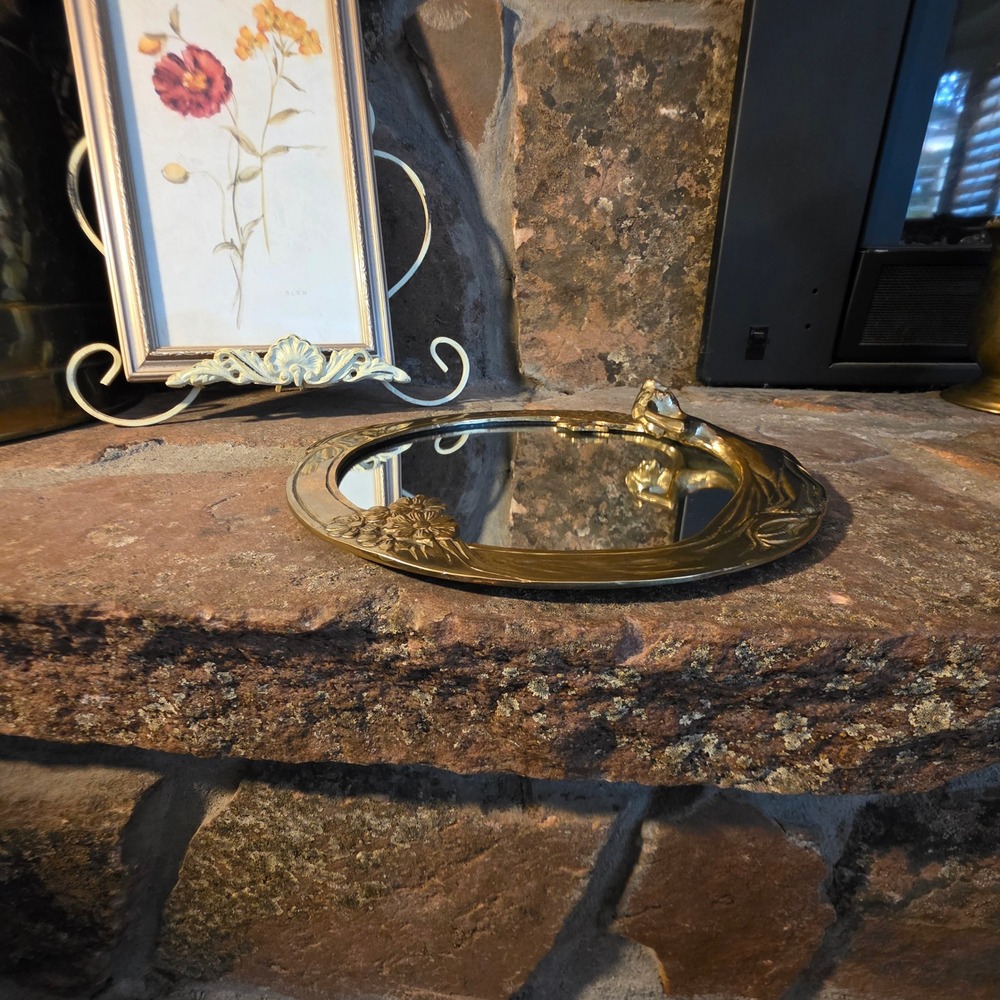 Gatco Vintage Art Nouveau Solid Brass Nymph Flower Round Mirror Vanity Tray 9.5" - Picture 7 of 11